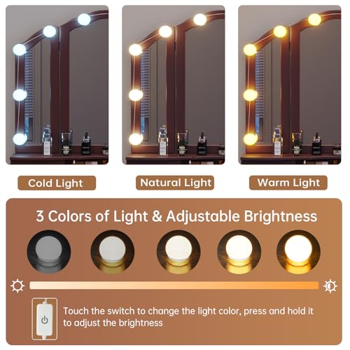 Tiptiper Vanity Table Set with Lighted Tri-Folding Mirror, Makeup Vanity with Lights & 3 Color Lighting Modes, Vanity Desk with Mirror and Cushioned Stool, Makeup Table with 5 Drawers, White