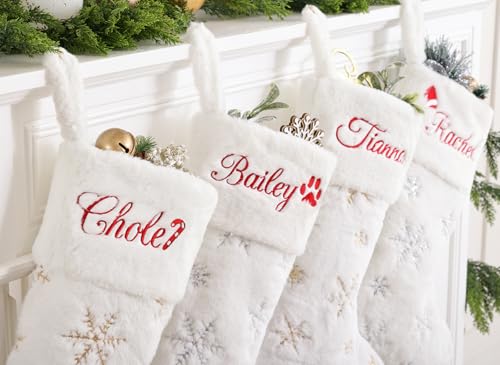 Personalized Christmas Stockings 1 Pack White Christmas Stockings with Names Custom Embroidered Monogram Gold Silver Large Faux Fur 21 inches Neutral Luxury Xmas Stocking for Family Kids Farmhouse