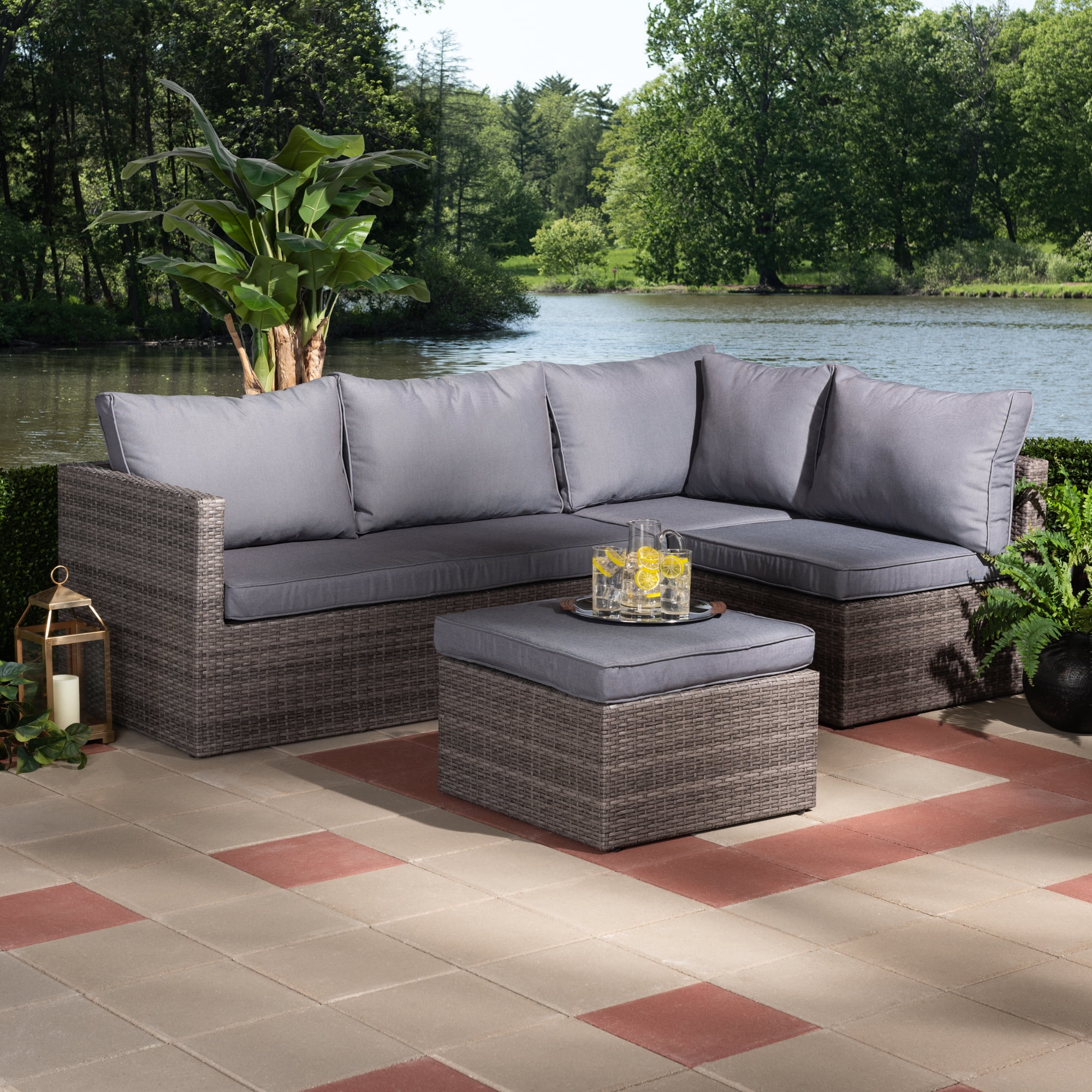 Baxton Studio Pamela Modern And Contemporary Grey Polyester Upholstered And Brown Finished 4-Piece Woven Rattan Outdoor Patio Set