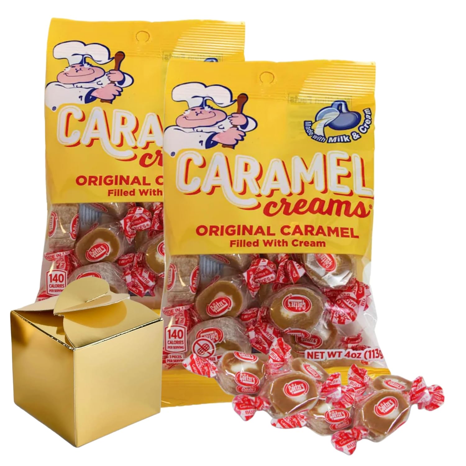 Original Caramel Creams - Made with Real Milk and Cream, Peanut Free - Goetze Candy Individually Wrapped (2 Pack) - bundled With Joy Bringers Gift Box