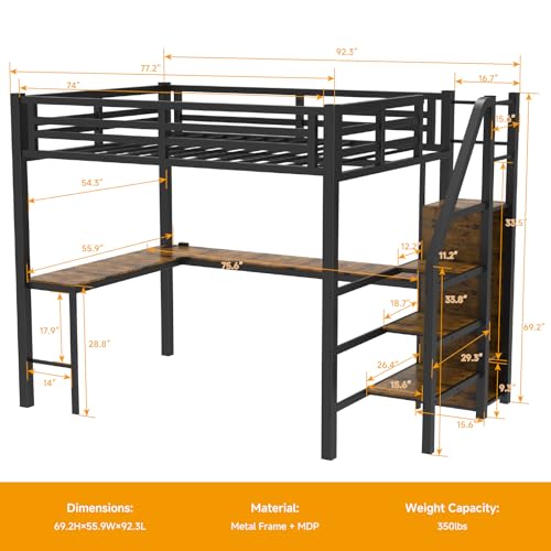 Full Size Loft Bed with L-Shaped Desk, LED Light, and Wardrobe, Heavy Duty Metal Loft Bed with Storage Shelves and USB Charging Station Safety Guard & Ladder for Kids, Teens, and Adults