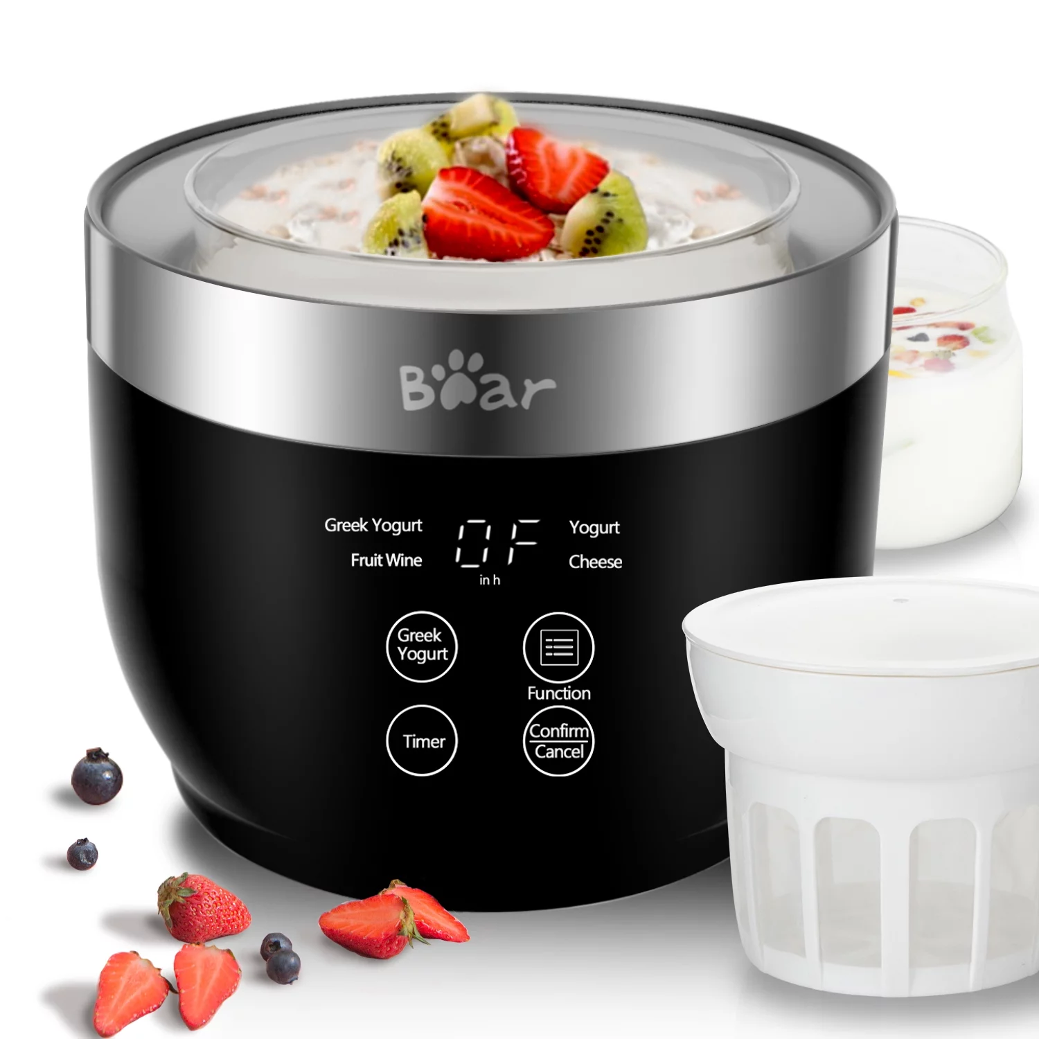Bear Digital Greek Stainless Steel Yogurt Maker 2 *1QT Glass Jars