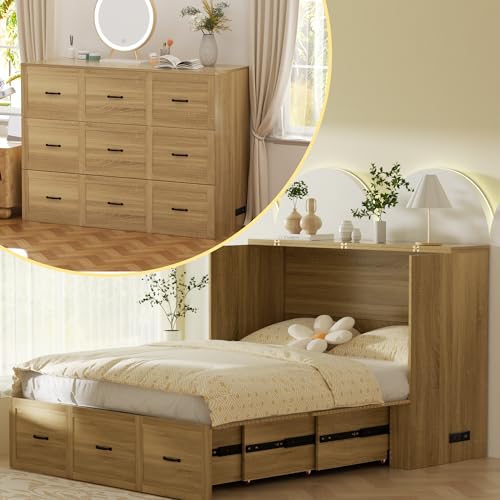 Full Size Murphy Bed Wood Wall Bed Cabinet with Large Drawer Space-Saving Hidden Foldable Platform Bed Chest Mobile Cabinet Bed Frame Storage Cabinet with USB Ports for Bedroom, Guest Room,Natural