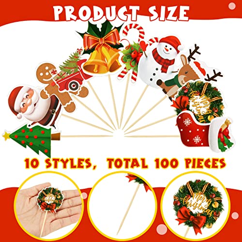 100 Pcs Christmas Cupcake Toppers Christmas Cake Decorations Cupcake Sticks for Toppers Snowman Santa Tree Reindeer Socks Party Cake Pick for Party Supplies Dessert Baking Decor
