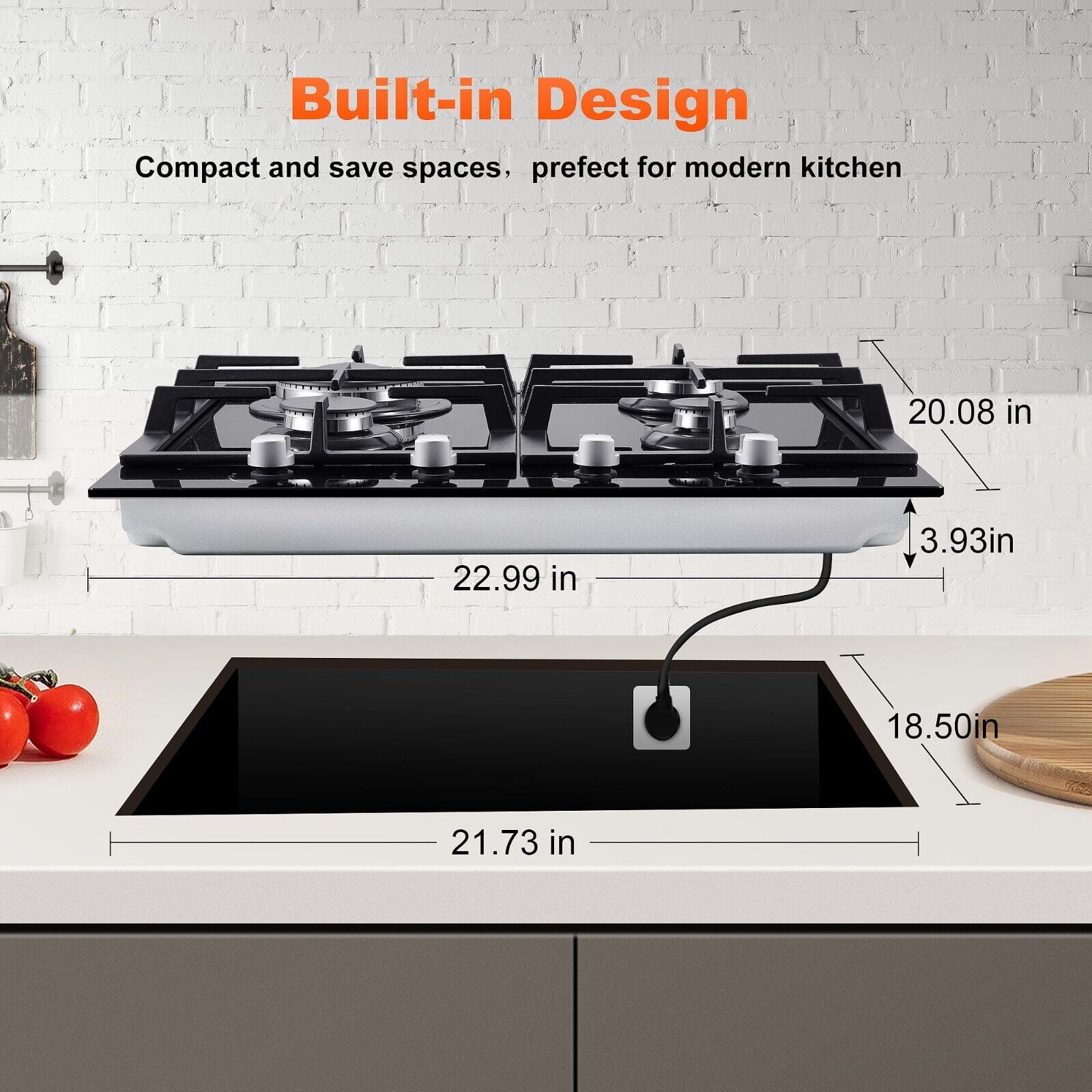 24 inch Built-in Gas Cooktop 4 Burners with Tempered Glass Dual Burners NG/LPG Convertible Countertop