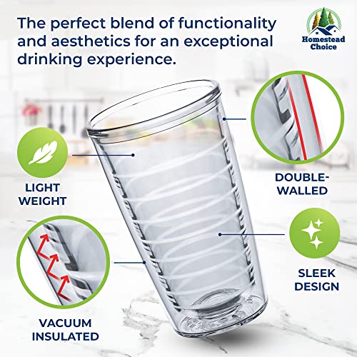 Homestead Choice 16oz Insulated Tumblers Plastic Keeps Drinks Cold & Hot, 4pack Double Walled Clear Insulated Drinking Glasses Cup, BPA-Free, Dishwasher Safe Reusable, Camping,Travel, Kitchen, Party