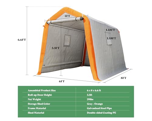 AMERLIFE 10.5x12x8 FT Heavy Duty Portable Shed Storage Shelter, Outdoor Storage Shed with 4 Waterproof Windows & Roll-up Zipper Door, Carport for Motorcycle, Bike, Grey