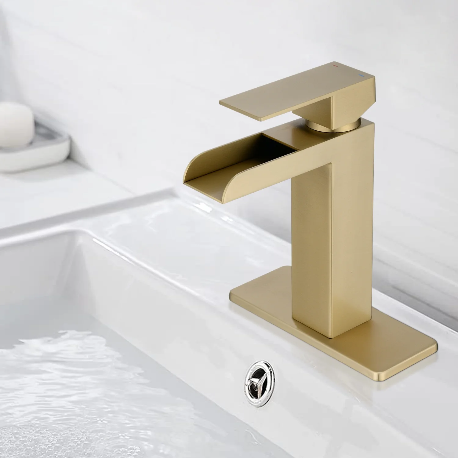 Brushed Gold Waterfall Single Handle Bathroom Faucet, Single Hole Bathroom Faucet with Pop-up Assembly Overflow Drain, 304 Stainless Steel Supply Line and Deck Plate