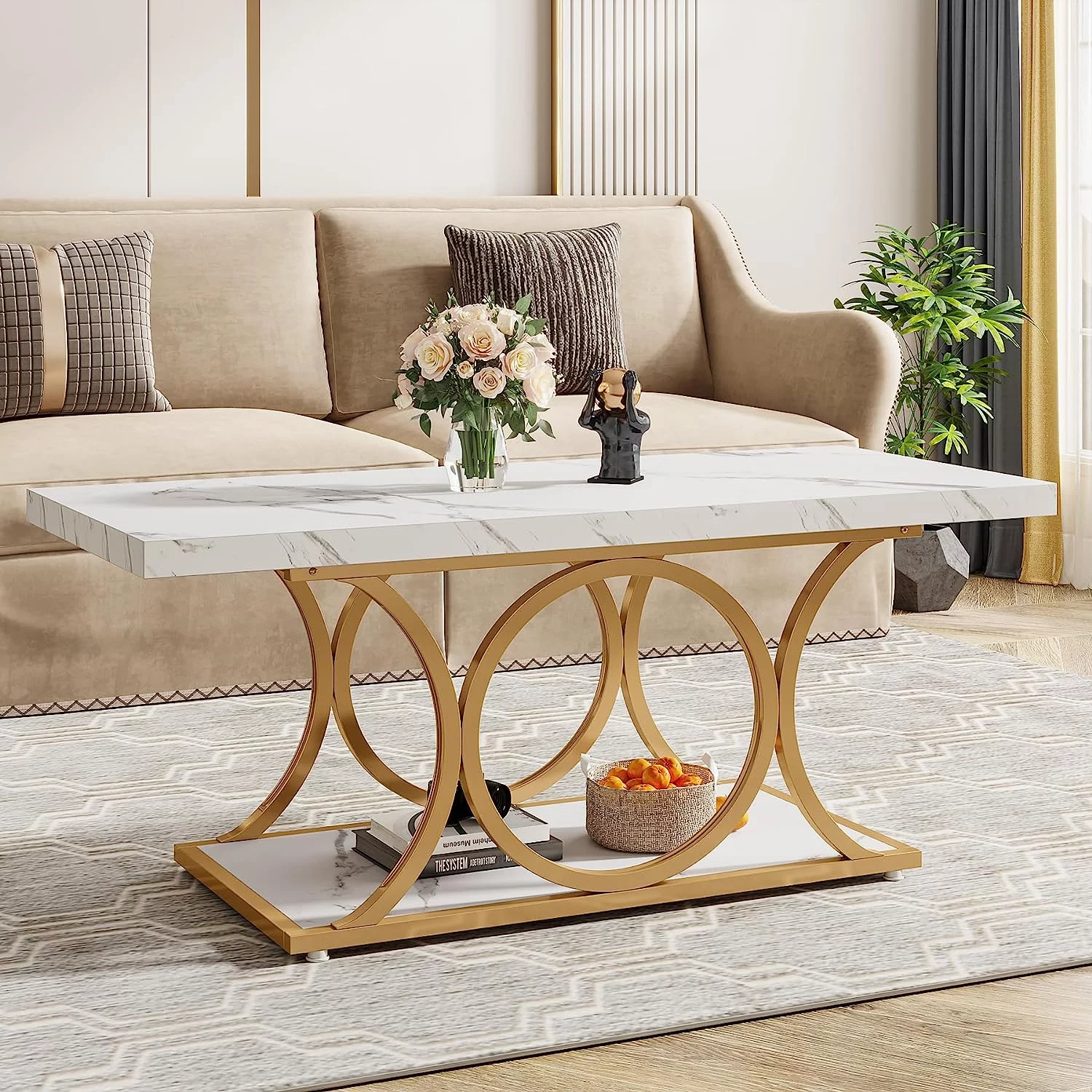 Tribesigns 2-Tier Faux Marble Wood Coffee Table, 47.2