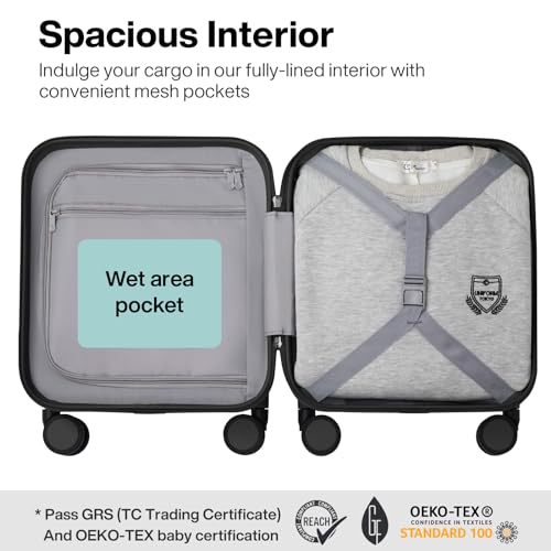 mixi Upgrade Carry on Luggage 14 Inch Underseat Personal Item Suitcases with Spinner Wheels, Hardside Rolling Suitcase PC with TSA Lock Lightweight Travel Case, Fine Grid Black