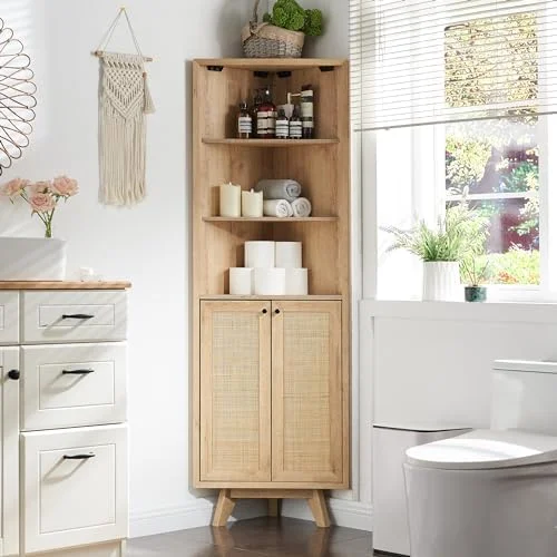 RUNFAYBIU Natural Rattan Bathroom Floor Cabinet  Modern   Cabinet with Sliding Door & 3  Drawers  Mid Century Small Freestanding Cabinet for Bathroom  Kitchen  Dining Room  Entryway