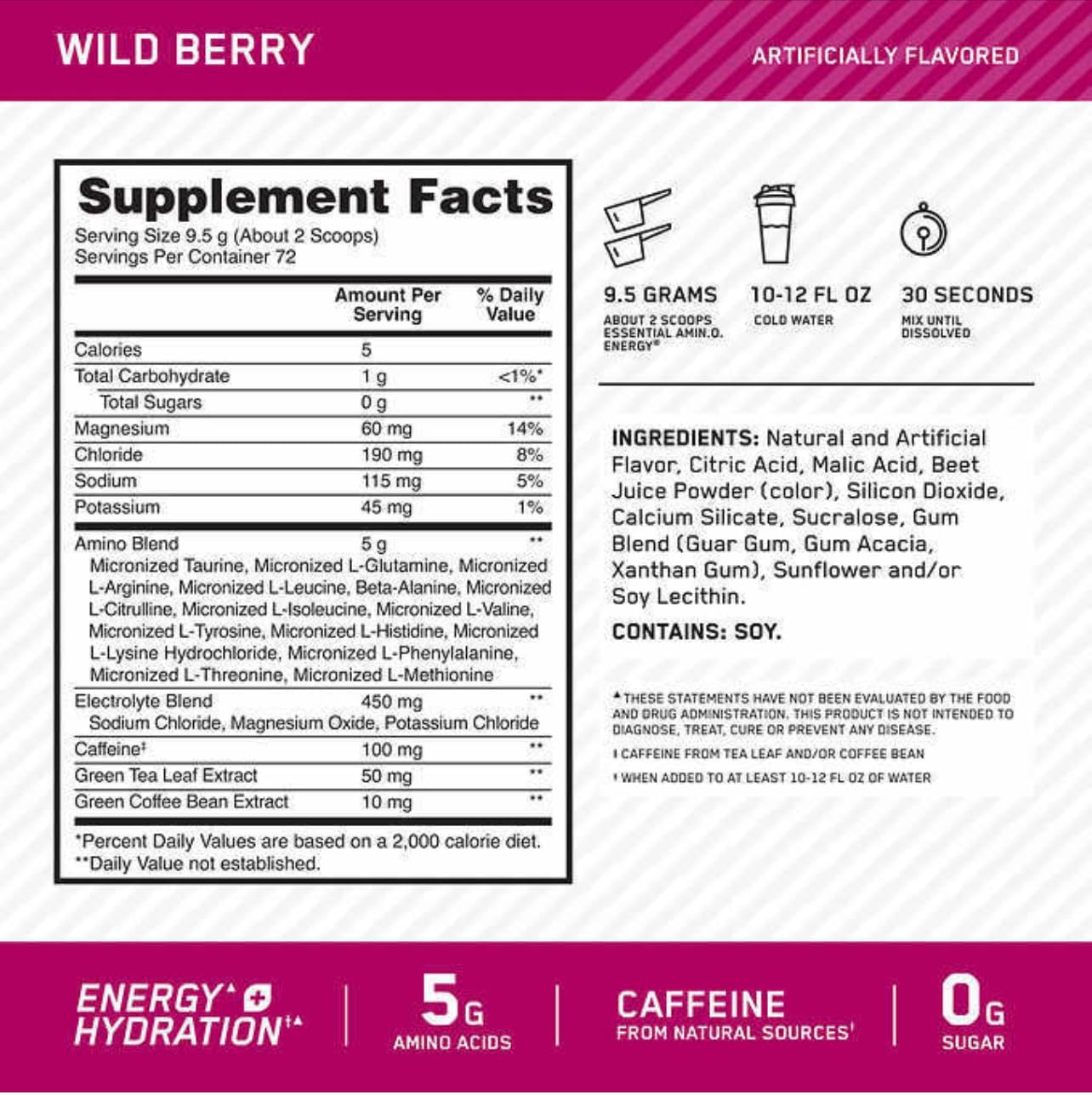 Optimum Nutrition Essential Amino Energy Powder - Energy and Hydration - Wild Berry - 72 Servings TM Gift Box