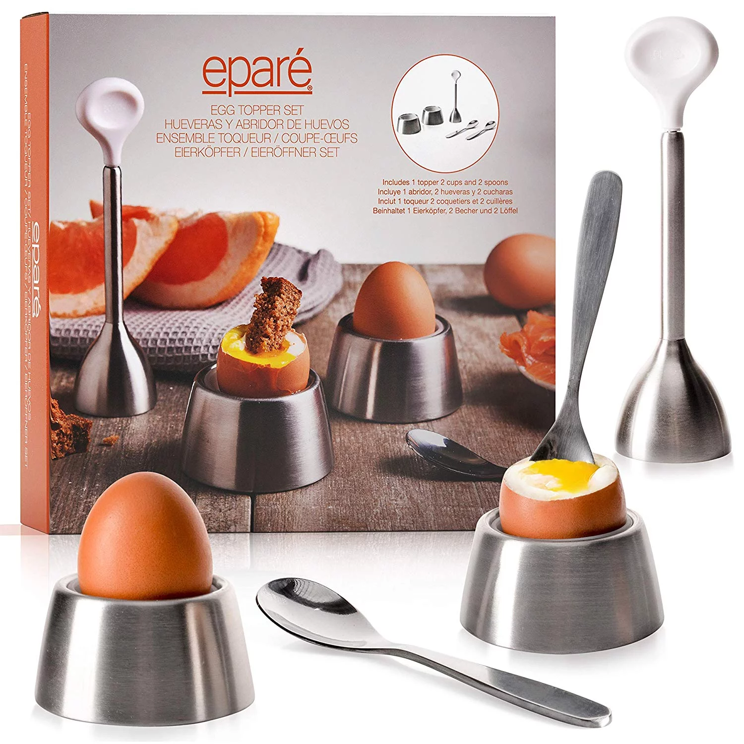 Epare Egg Cracker Topper Set 2.0 - Complete Soft Boiled Egg Tool Set - Includes Egg Cups, Cutter, Spoons - Eggs Opener
