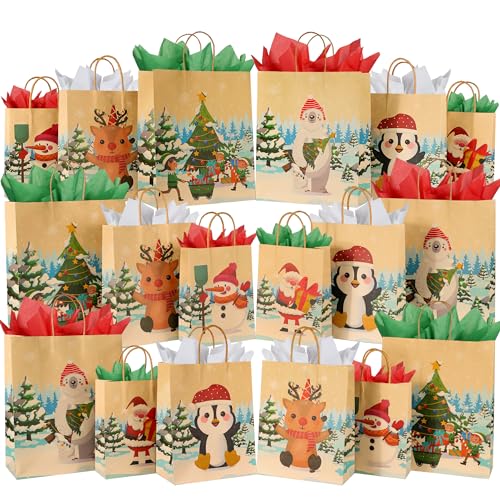 ASOEMERZ 18 Pack Christmas Kraft Gift Bags with Tissue Papers, Assorted Size Paper Gift Bags with Handles for Holiday Xmas Party Wrapping Decorations (6 styles)
