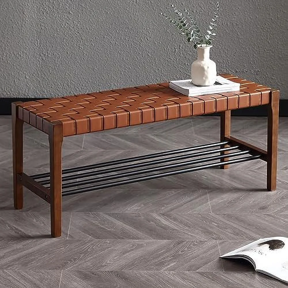 Rustic Wood Entryway Bench 45 Inch Woven Bench  Indoor  Accent Bench with Faux Leather Strips & Metal Shoe Rack  Small Bench for Living Room/Bedroom/Hallway/Foyer/End of Bed  Brown