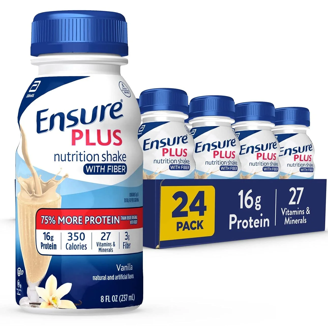 Ensure Plus Liquid Nutrition Shake with Fiber, 16 Grams of Protein, , Vanilla, 8 Fl Oz Bottle (Pack of 24)