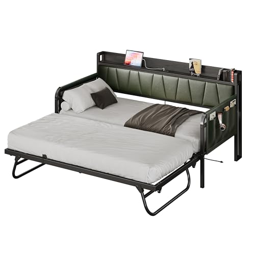 LIKIMIO Daybed with Trundle Bed, Twin Bed Frame with Storage Headboard and Charging Station, Sofa Day Bed with Strong Supports for Living Room, Bedroom, and Guest Room, Grey