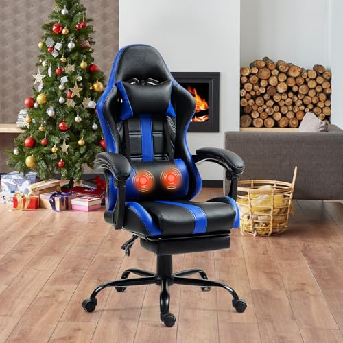 Massage Gaming Chair w/Footrest, Ergonomic High Back PC Chair w/Headrest and Lumbar, PU Swivel Home Desk Office Chair, Black
