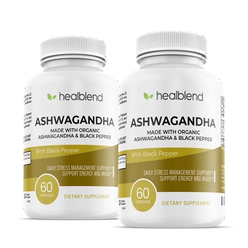 Healblend Organic Ashwagandha Supplement 1300mg with Black Pepper Extract - Supports Stress Relief, Immune, Energy, Stamina & Mood, 100% Pure - 2-pack
