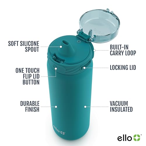 Ello Cooper 32oz Stainless Steel Water Bottle with Straw and Carry Handle, Double Walled and Vacuum Insulated Metal, Leak Proof Locking Lid with Soft Silicone Spout, Reusable, BPA Free, Yucca