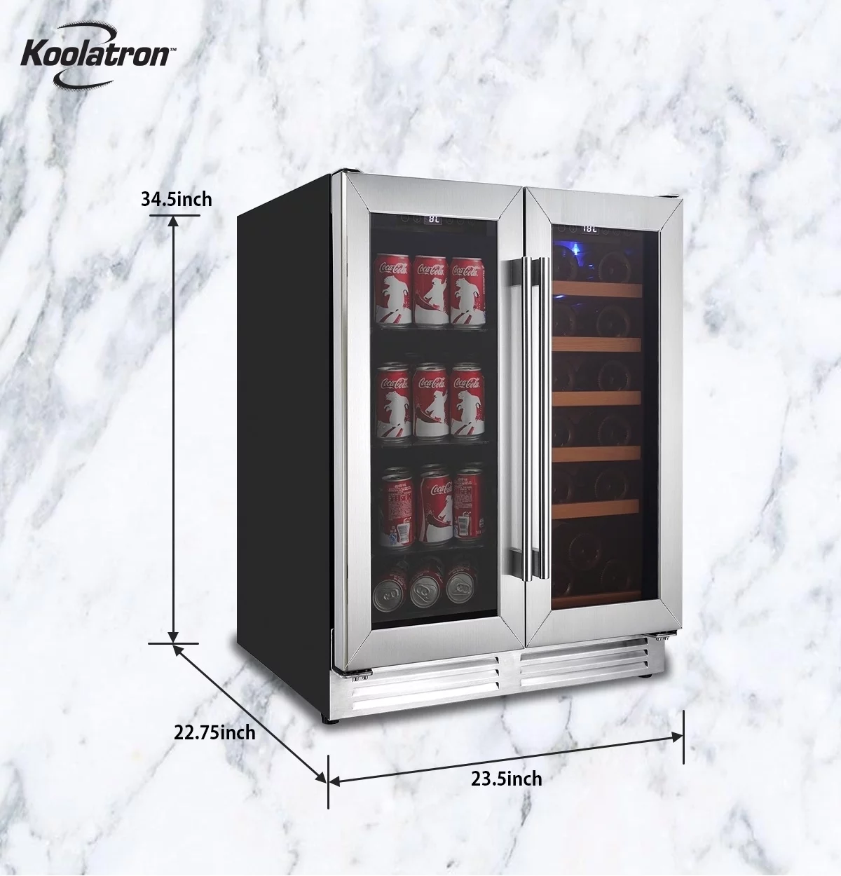 Koolatron 18 Bottles and 56 Cans Built-In Under-Counter 24 Inch Dual Zone Wine Cooler and Beverage Fridge