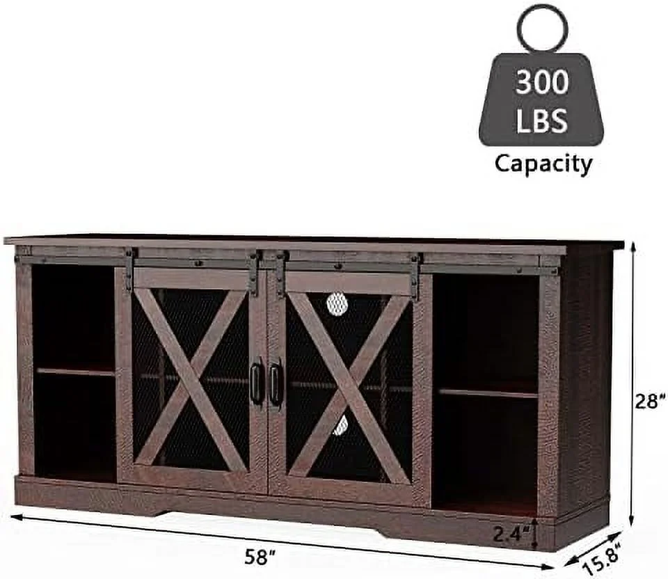 RUNFAYBIU Farmhouse TV Stand for 65+ Inch TV  34" Tall Entertainment Center with Barn Door  Television Cabinets &  Shelves  65" TV Stands for Living Room  Brown
