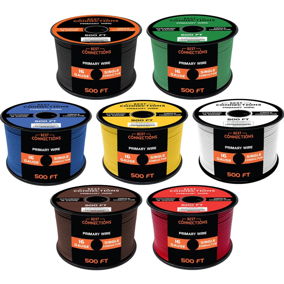 BEST CONNECTIONS 16 Gauge Automotive Primary Wire (500ft Each 7 Color Bundle Set) | Ideal for Trailer, and Lighting Circuits | Durable Primary/Remote, Power/Ground Electrical Wiring