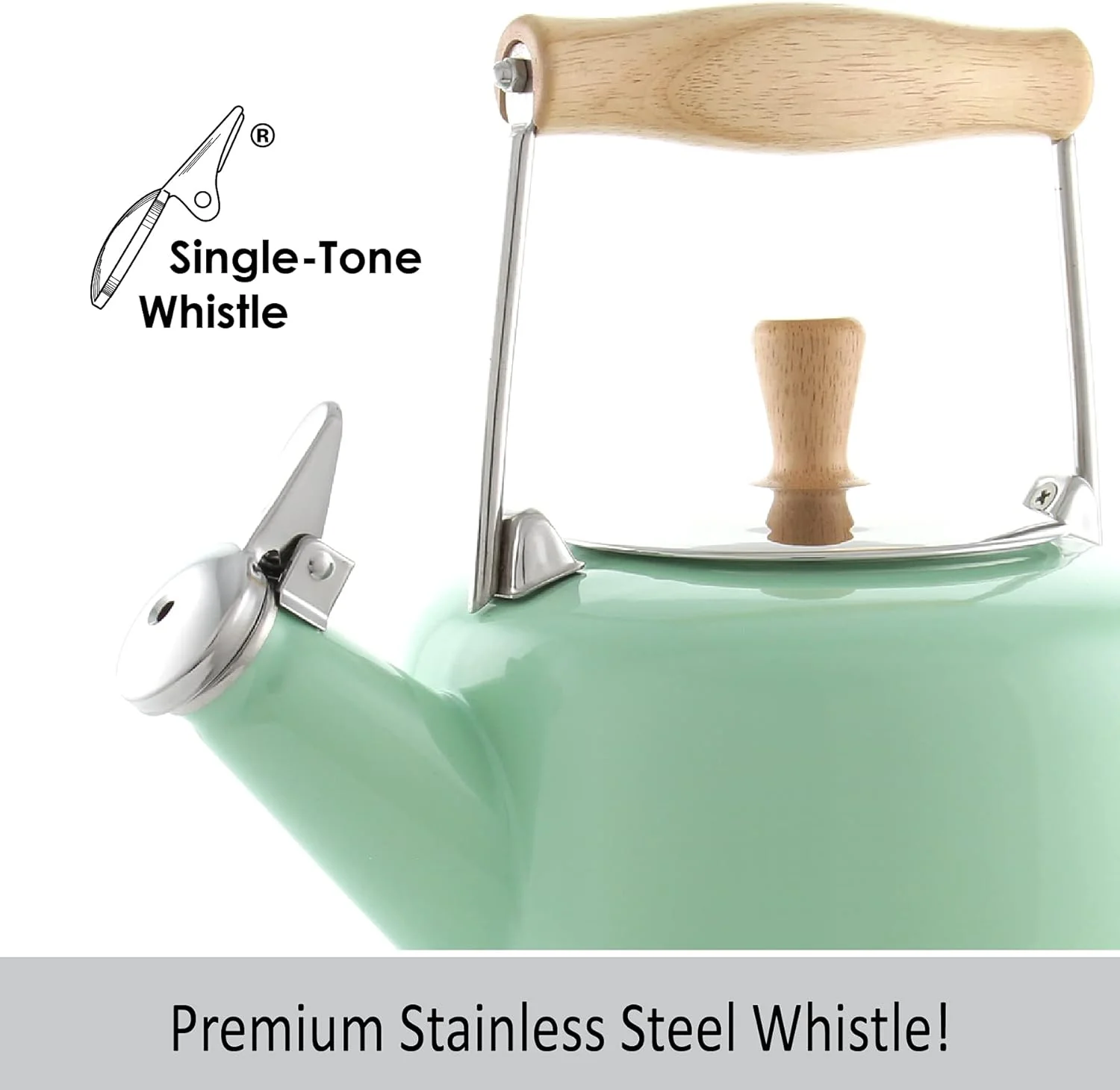 SVEN Enamel On Steel Whistling Teakettle With Natural Wood Handle, 1.4 Quarts (Mint Green)
