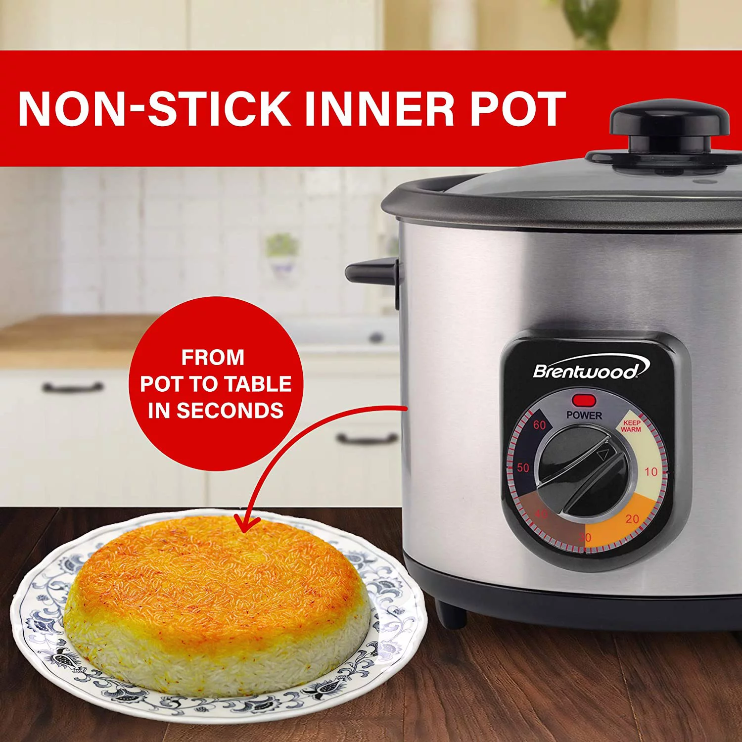 Brentwood Stainless Steel Crunchy Persian Rice Cooker (16 Cups Cooked 500 Watts) (TS-1216S)