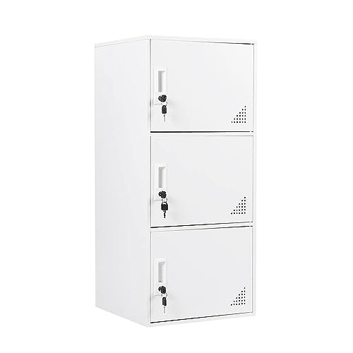 3 Door Metal Locker Steel Storage Cabinet, Office Storage Lockers for Employees, Vertical Metal Cabinets for Home,Office,School,Room Storage Organizer (White)