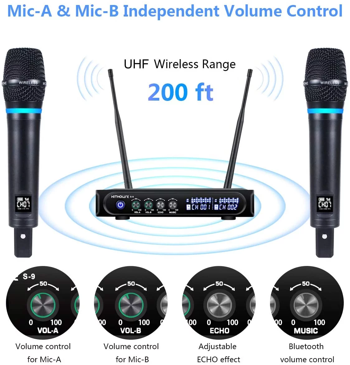 Kithouse S9 UHF Rechargeable Wireless Microphone System Karaoke Microphone Wireless Mic Cordless Dual with Bluetooth Receiver Box + Volume Control ECHO for Karaoke Singing Speech Meeting Church, 200FT