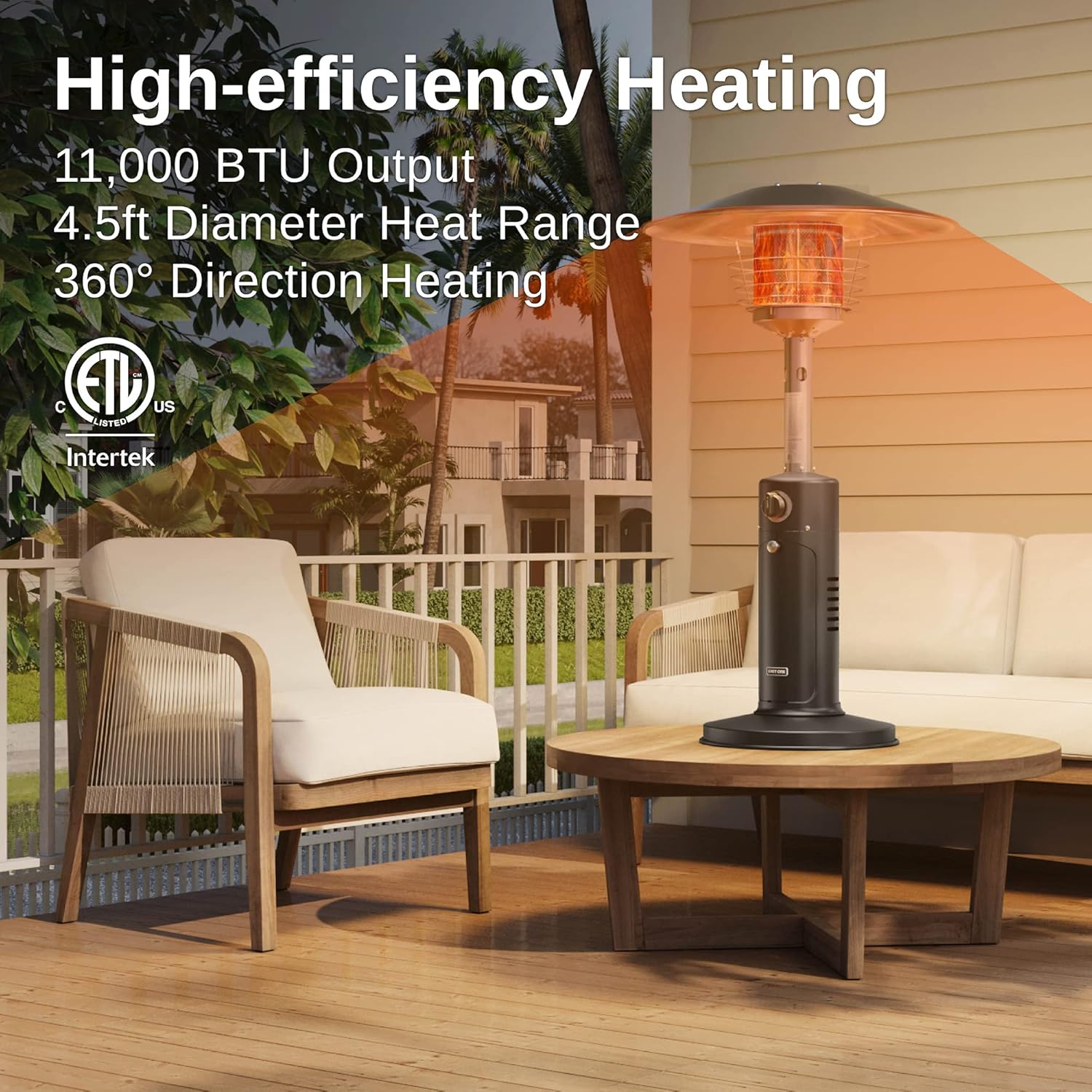 EAST OAK Patio Heater, 11000 BTU Tabletop Outdoor Heater, Mini Portable Propane Heater with 304 Stainless Steel Burner, Triple Protection System, Gas Outside Heater for Patio, Garden, Porch, Black