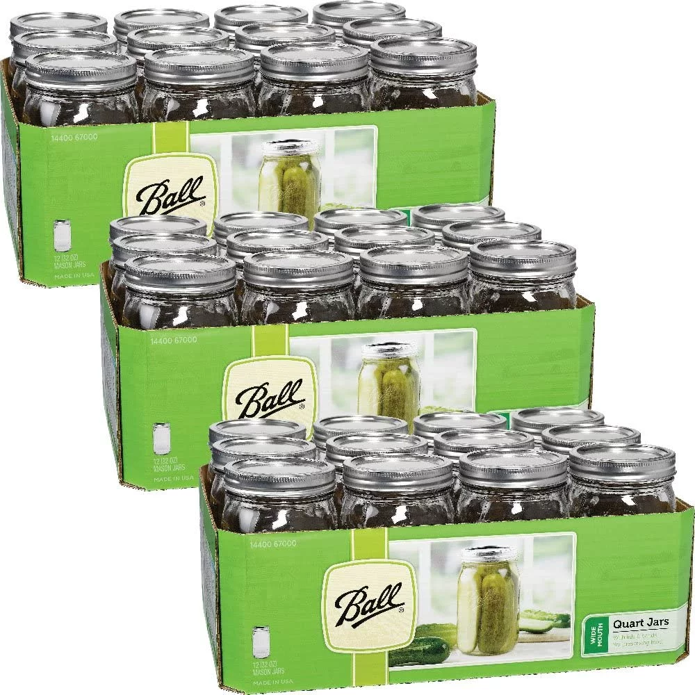 Ball Wide Mouth Quart (32 oz) Jars with Lids and Bands (3 Pack of 12)