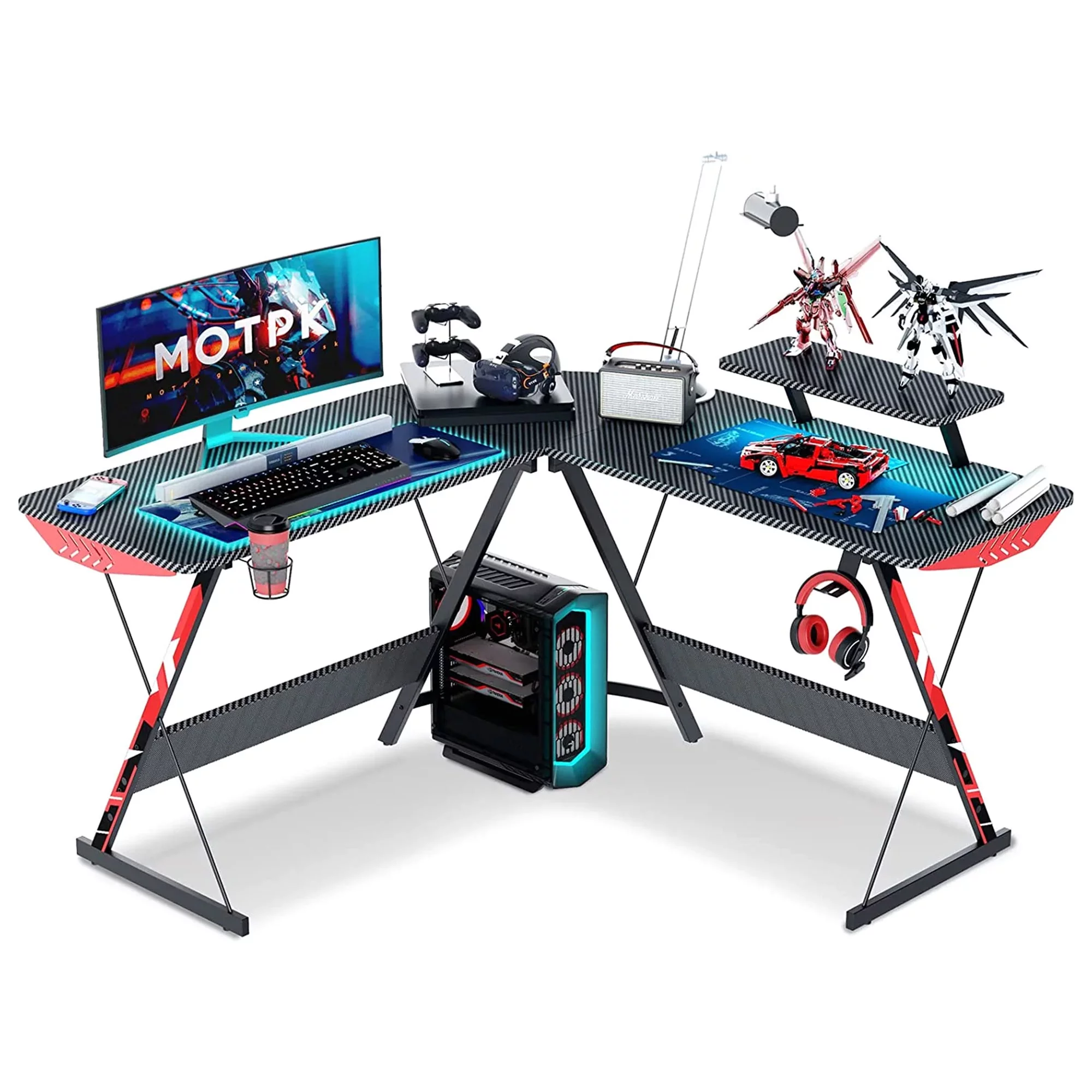 MOTPK 51 inch L-Shaped Carbon Computer Gaming Desk w/ Monitor Shelf, Black