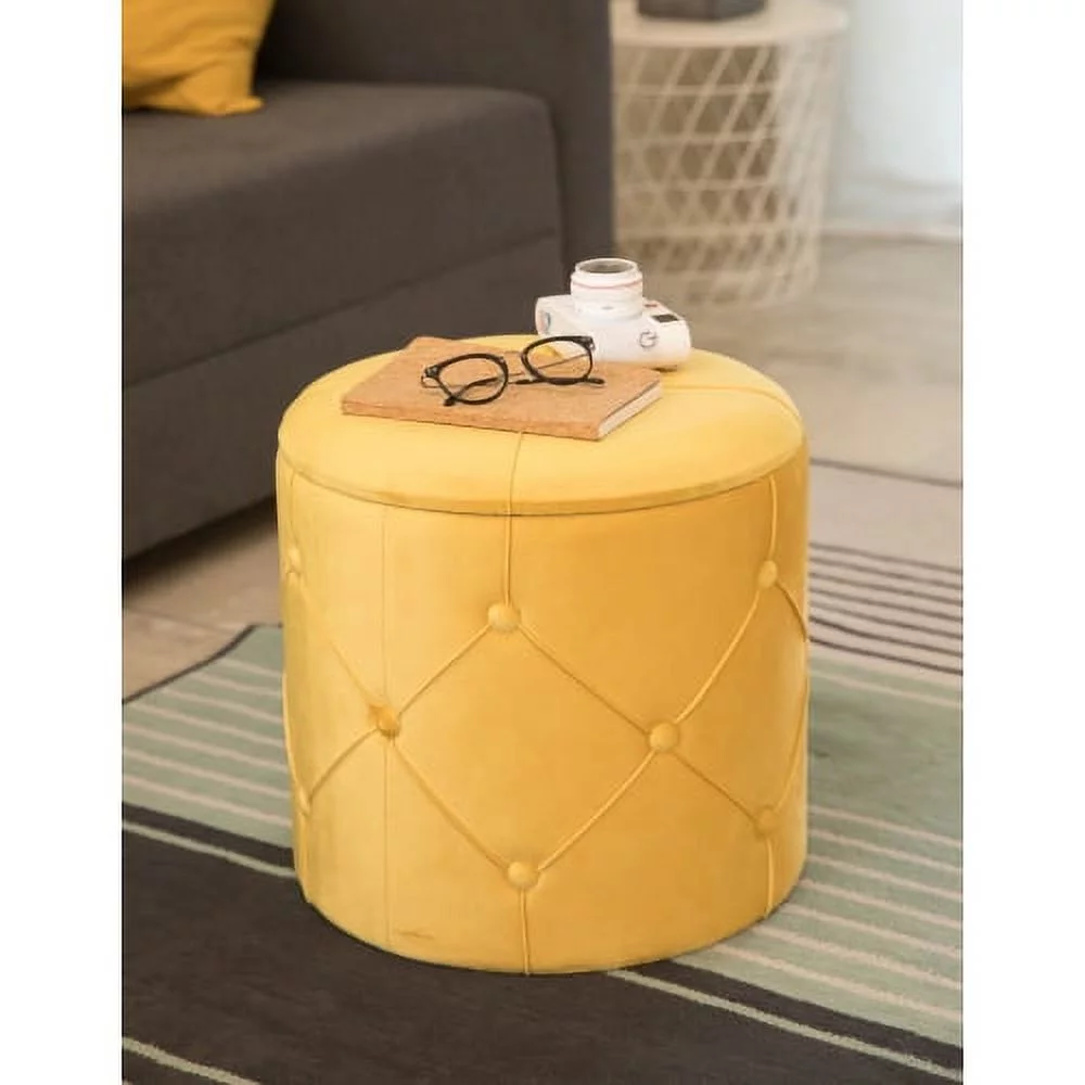 Fabulaxe  15.75 x 15.5 in. Round Wooden Velvet Ottoman Stool with Lid, Yellow