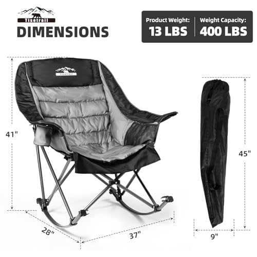 Oversized Rocking Camping Chair, Fully Padded Camp Chairs for Adults with Side Pocket and Cup Holder, Heavy-Duty 400lbs Capacity, Black & Gray