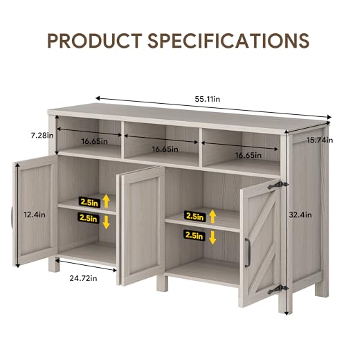 Buffet Sideboard with Storage Farmhouse with 4 Doors, 55'' Large Kitchen Storage Cabinet Wood Coffee Bar Cabinet Buffet Table with Shelves for Kitchen, Dining Room, Entryway