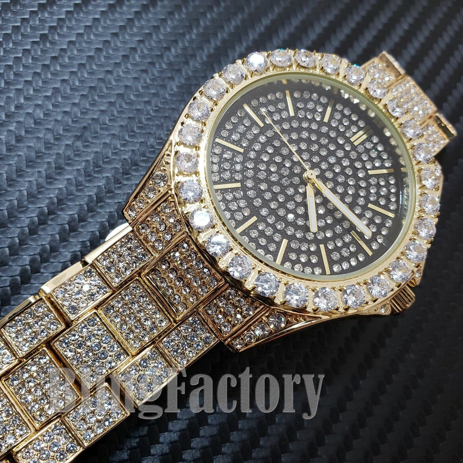 MEN ICED HIP HOP GOLD PT FASHION WATCH & ACE of SPADES BLING PENDANT COMBO SET