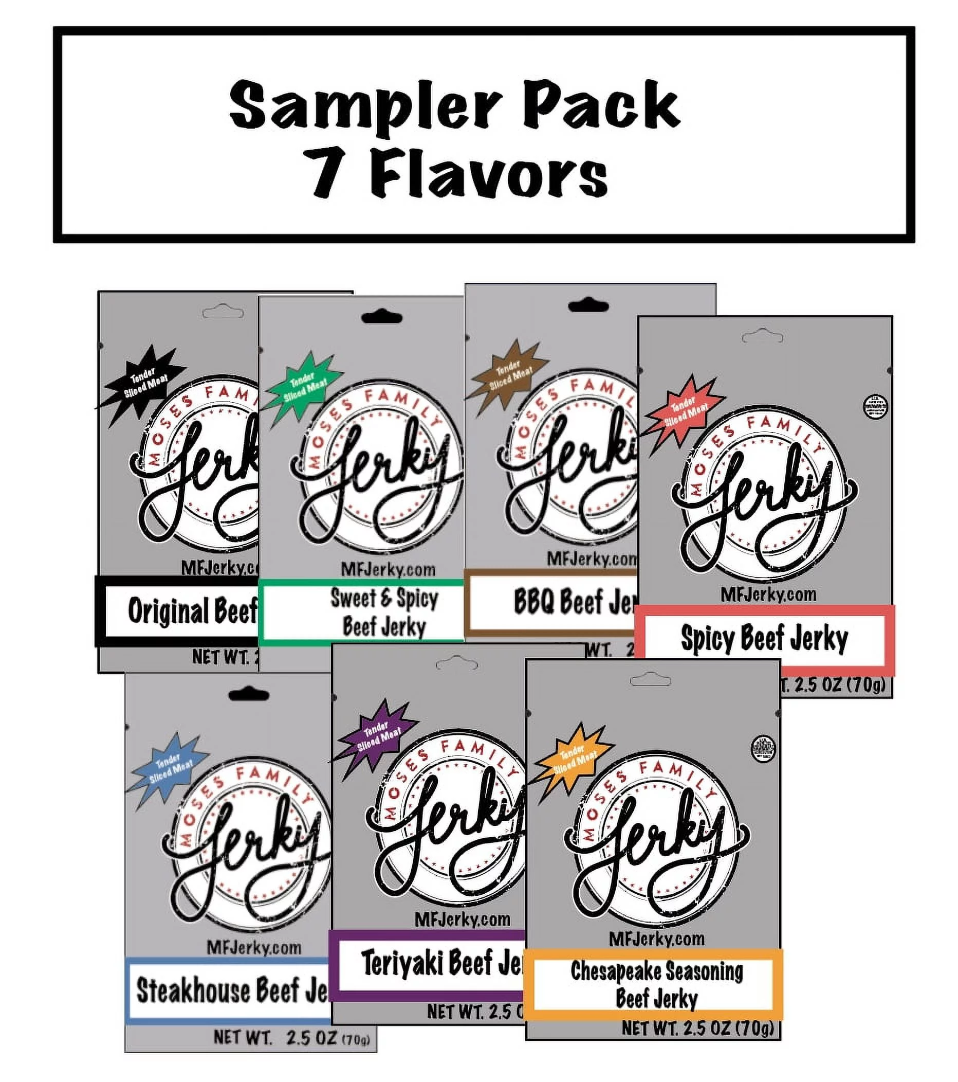 Moses Family Beef Jerky, Sample Pack, 2.5 Ounce (Pack of 7), Bulk Pack, Original, Teriyaki, Spicy, Sweet and Spicy, Old Bay, Steakhouse, BBQ