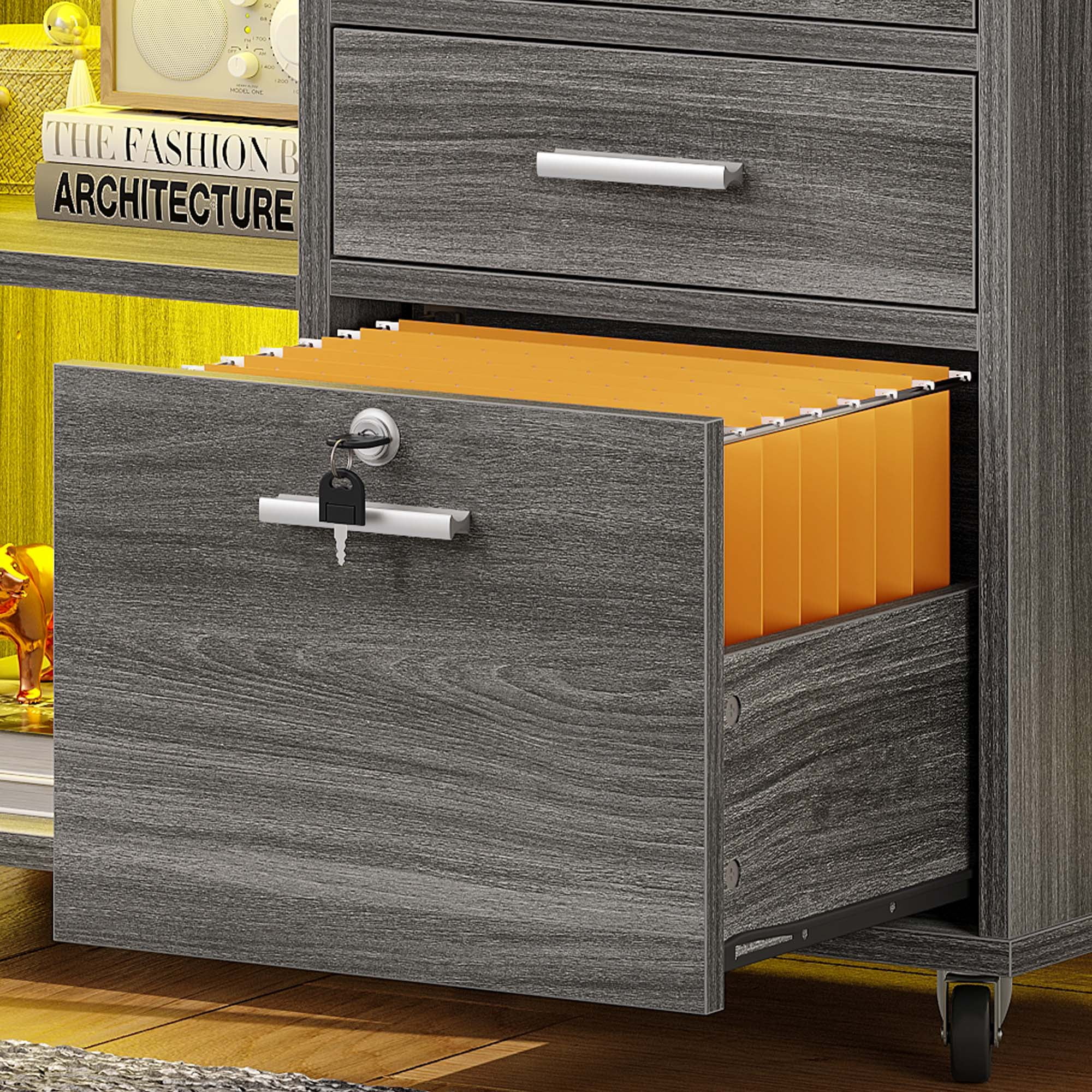 Dextrus 3 Drawer File Cabinet with Charging Station& Lock& LED Light, Mobile Lateral Filing Cabinet Rolling Printer Stand for Office,Black