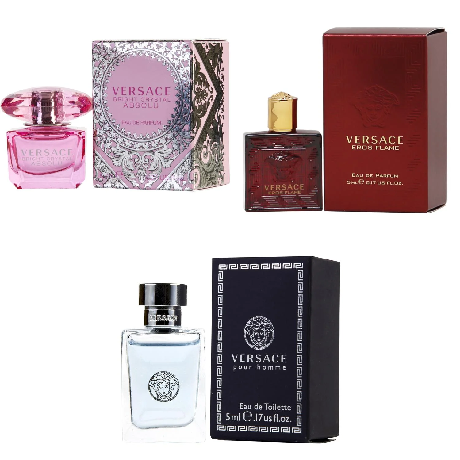 Versace Bright Crystal Absolu EDP, Eros Flame EDP, Pour Homme EDT - 5ml 3PK Kit