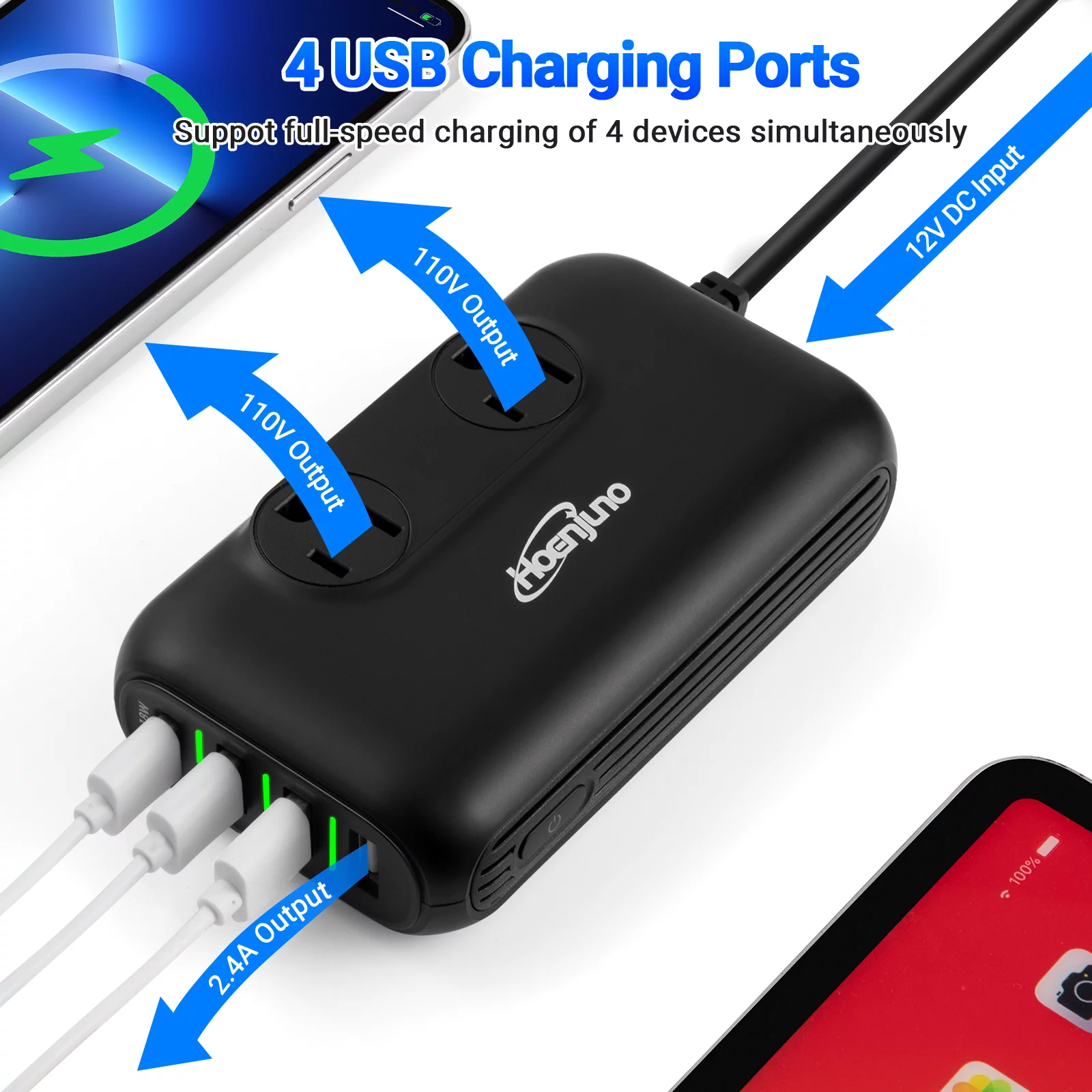 Hoenjuno 200W Car Power Inverter DC 12V to 110V AC Loptop Car Charger, 3 USB Ports Car Adapter Outlet Plug with 1 Type C Ports