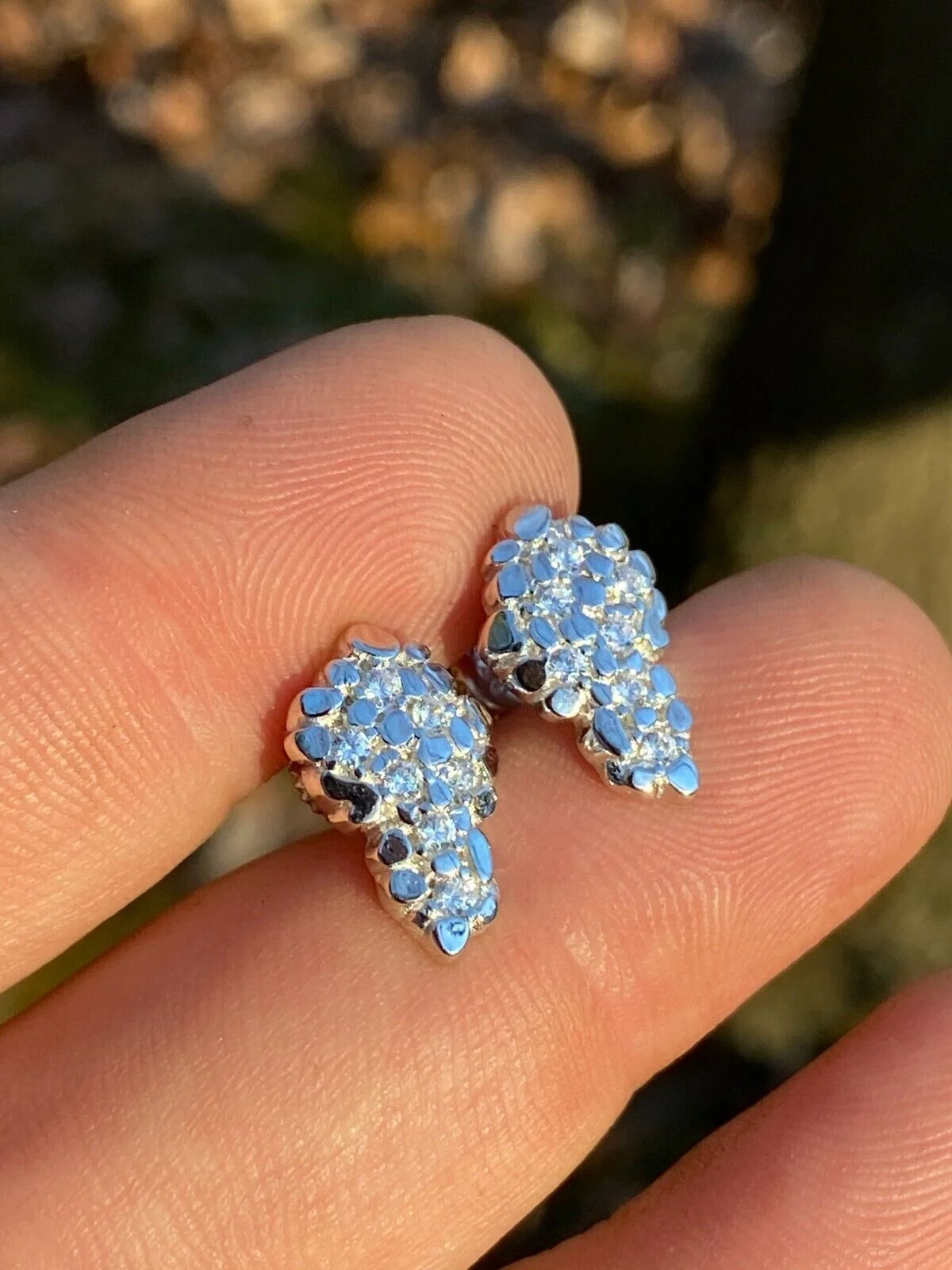 Mens HipHop Real Solid 925 Sterling Silver CZ Nugget Earrings Large Iced Studs