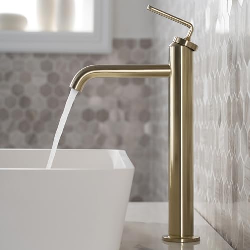 KRAUS Ramus Single Handle Vessel Sink Bathroom Faucet with Pop-Up Drain in Brushed Gold, KVF-1220BG