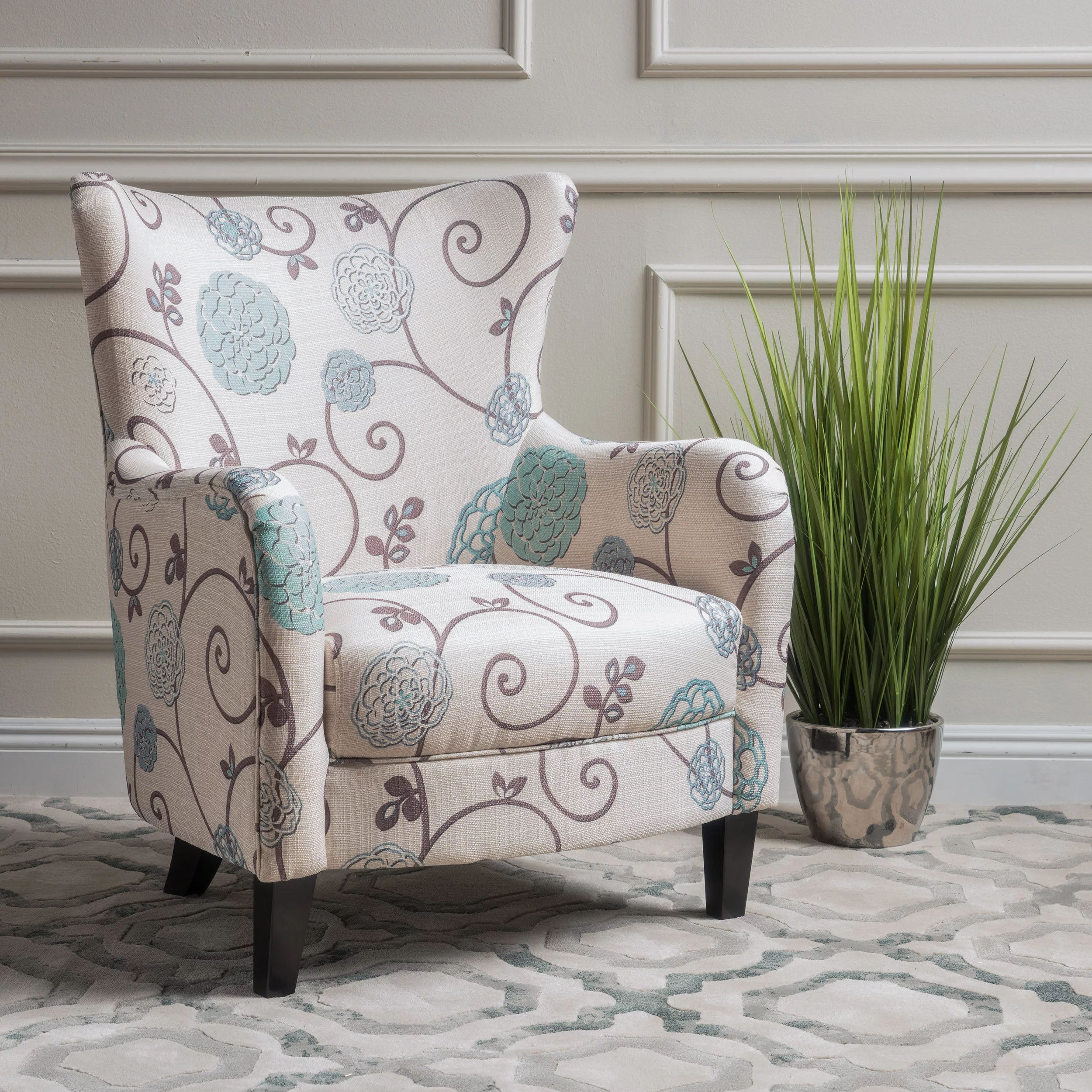 Venette Fabric Club Chair, White and Blue Floral