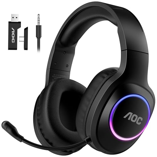 AOC Wireless Gaming Headset for PS5, PS4, Nintendo Switch, PC, Bluetooth 5.4 & 2.4GHz Gaming Headphones with Noise Canceling Mic, RGB, Type-C, 20ms Latency, 45H, 7.1 Virtual Surround- Black