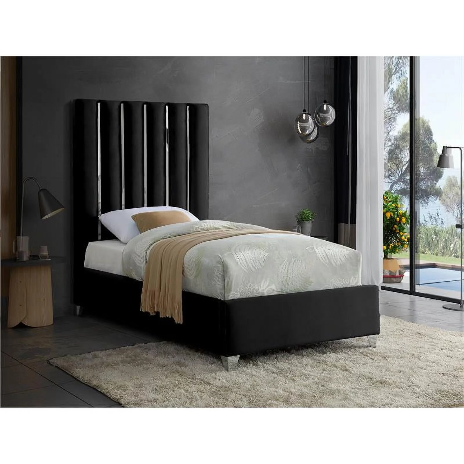 Meridian Furniture Enzo Solid Wood and Velvet Twin Bed in Black