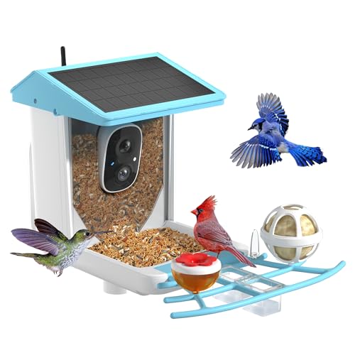 Bird Feeder with Camera, 1296P HD AI Identify Smart Bird Feeder Solar Powered, Auto Capture Bird Videos & Motion Detection, Bird Feeder Camera Wireless Outdoor Gift for Bird Lovers (Blue)