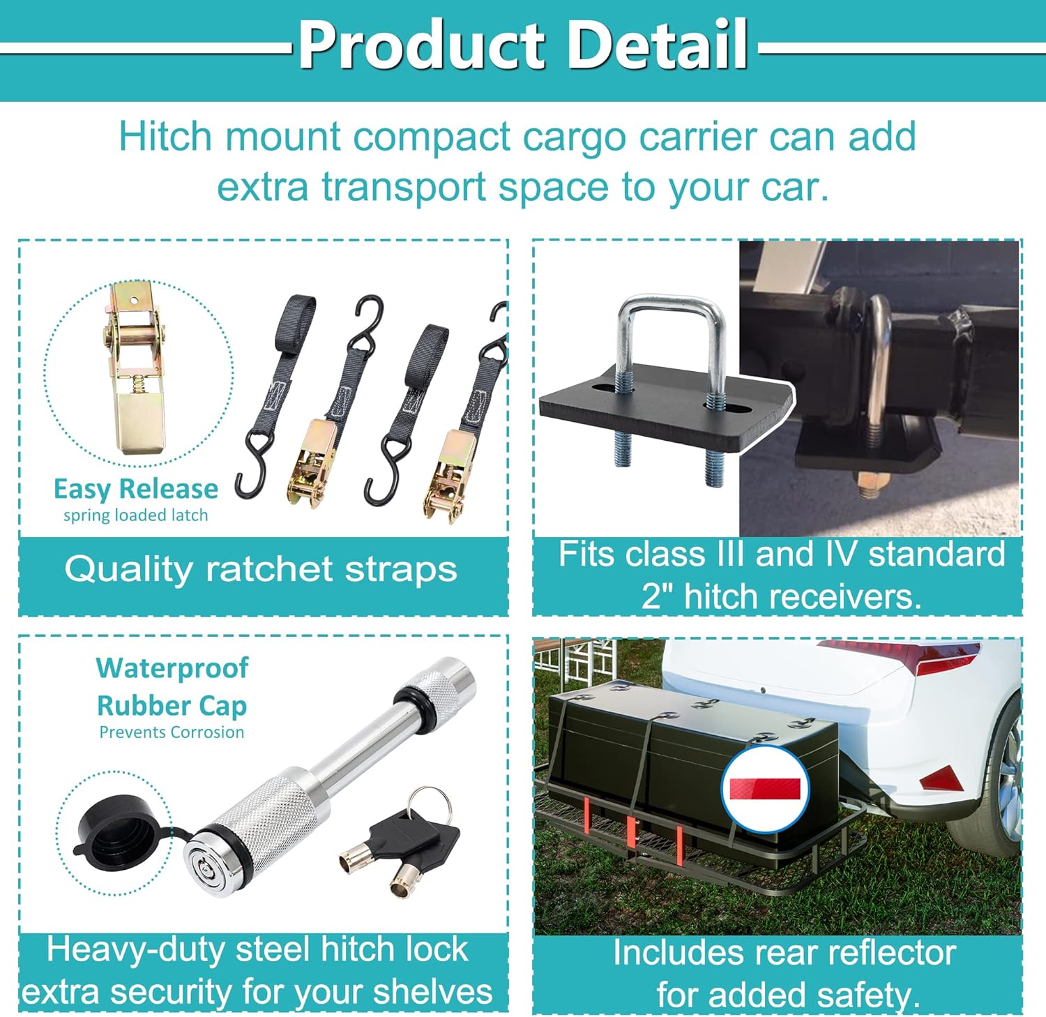 Cargo Rack Carrier with Folding Basket Designed in Reflectors,Car W/a Hitch Stabilizer and 2 Rainproof Ratchet Straps,for Outdoor,Transport,Black