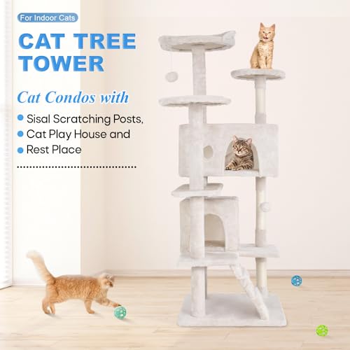 FDW Cat Tree 54in Cat Tower Multi-Level Durable Cat Scratching Post & Cozy Fun Cat Jumping Platform Space Saving Cat Condo Pet Play House for Indoor Cats,Dark Gray